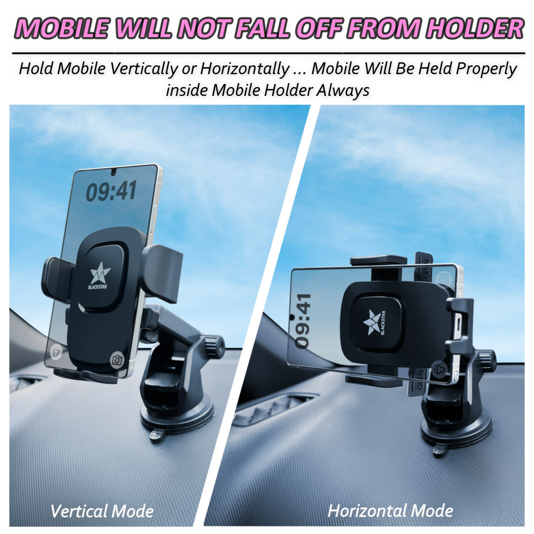 Blackstar B1-MAX Mobile Phone Holder for Car DASHBOARD / WINDSHIELD with Multi Angle Rotation and Adjustment ( Supports All Mobiles )