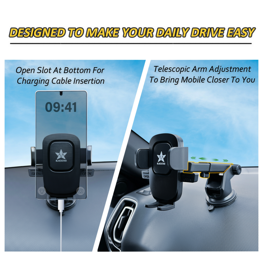 Blackstar B1-MAX Mobile Phone Holder for Car DASHBOARD / WINDSHIELD with Multi Angle Rotation and Adjustment ( Supports All Mobiles )