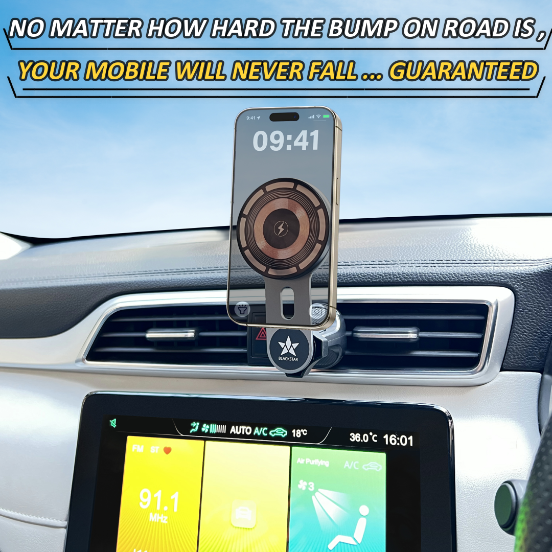 Blackstar AIR-SAFE CHARGE : MagSafe Mobile Phone Holder for AC VENTS with Fast Wireless Charging & 540° Angle Rotation in a Stylish Sleek Design