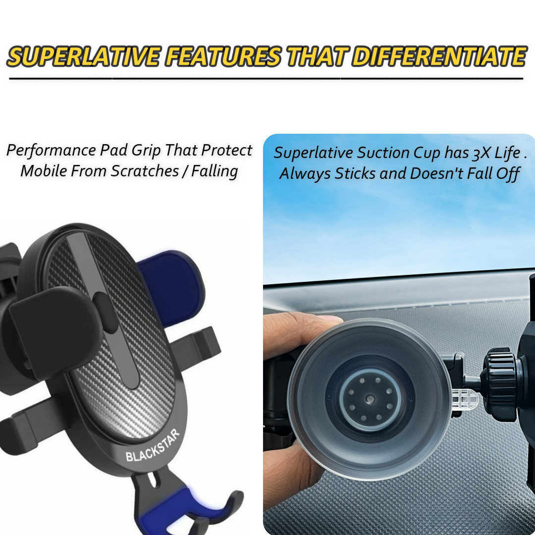 Blackstar A1-MAX Mobile Phone Holder for Car DASHBOARD / WINDSHIELD with Multi Angle Rotation and Adjustment ( Supports All Mobiles )