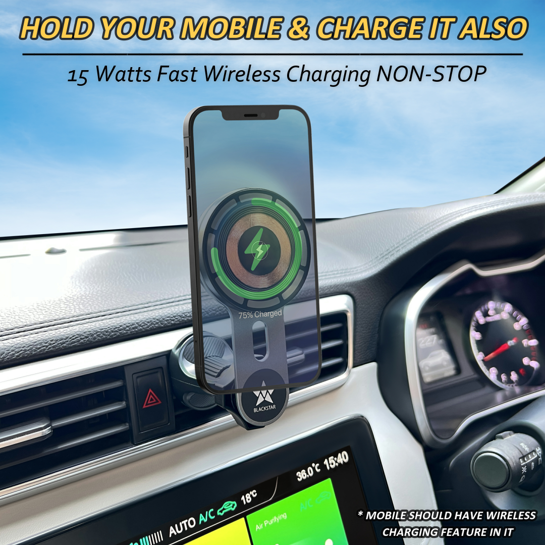 Blackstar AIR-SAFE CHARGE : MagSafe Mobile Phone Holder for AC VENTS with Fast Wireless Charging & 540° Angle Rotation in a Stylish Sleek Design