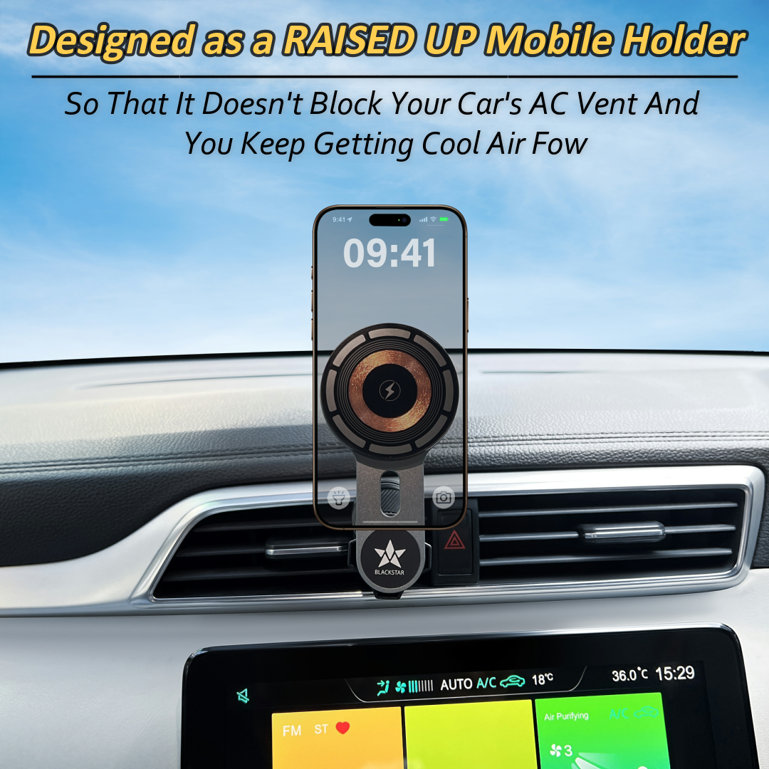 Blackstar AIR-SAFE CHARGE : MagSafe Mobile Phone Holder for AC VENTS with Fast Wireless Charging & 540° Angle Rotation in a Stylish Sleek Design